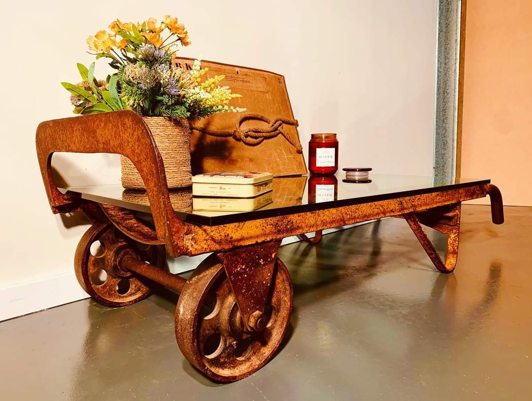 Vintage Lemcol Cast Iron Railway Luggage Trolley Coffee Table