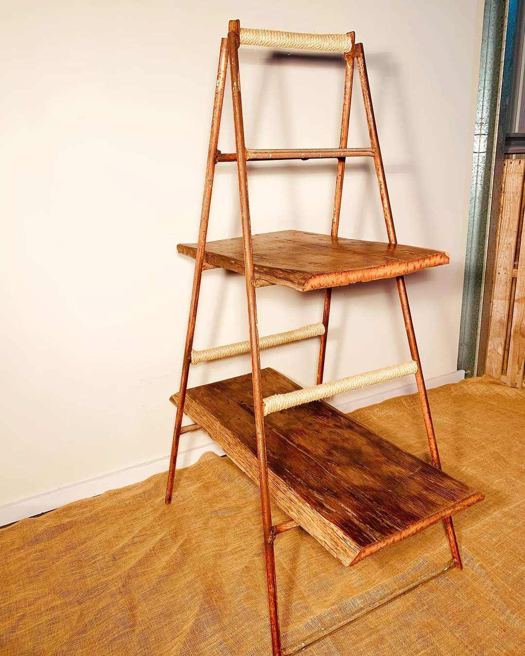 Reclaimed timber Shelving with vintage apple picking ladder.