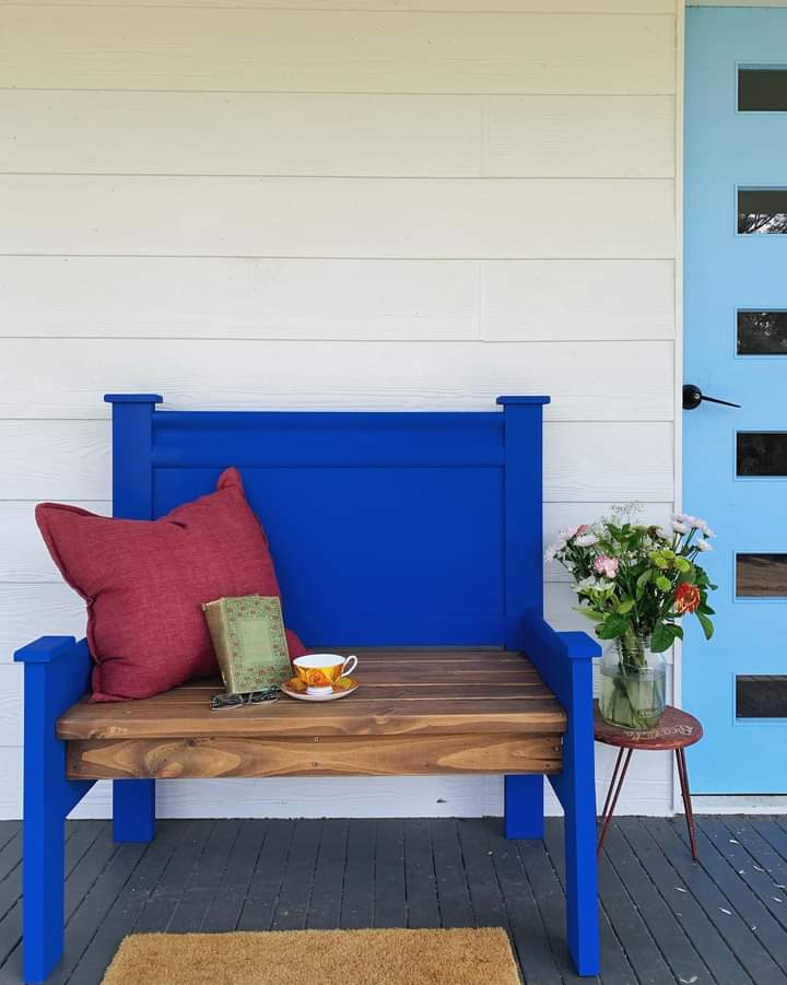 Upcycled Blue/Walnut Timber Bench Seat