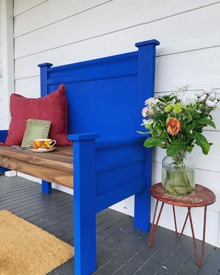 Upcycled Blue/Walnut Timber Bench Seat
